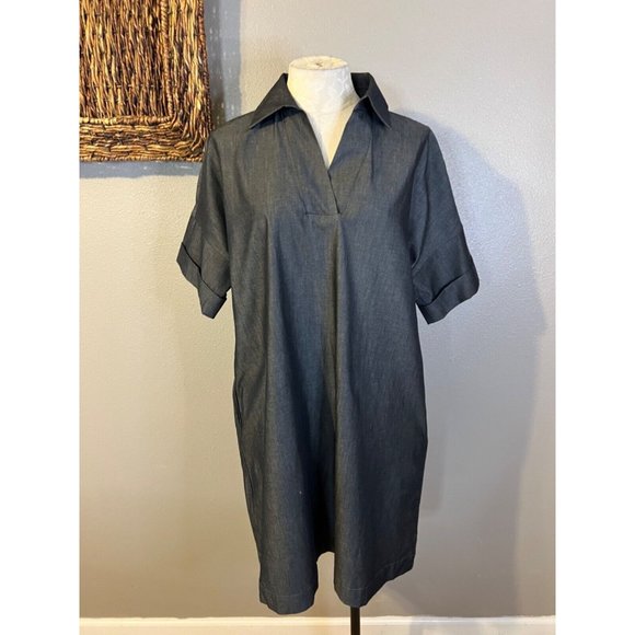 Ming Wang Side Pocket A Line Chambray Shirt Dress XL Dark Denim $195 Washable - Picture 2 of 16